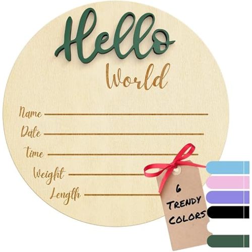 Baby Announcement Sign – 6” Wooden Hello World Newborn Name Sign, Hospital Birth Stat Plaque, Gender-Neutral Welcome Baby Keepsake, Personalized Photo Prop for Boys & Girls, Newborn Gift (Green)