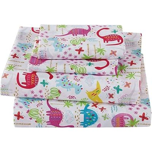 Linen Plus Sheet Set for Girls Dinosaur Pink White Red Purple Yellow Dinosaurs Jurassic Flat Sheet Fitted Sheet and Pillow Case Crib Size New