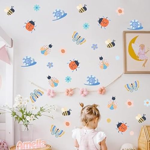 Insects and Flora Wall Decal, Flower Butterfly Wall Decor Stickers，Removable Bumblebee, Ladybug, Snail, Colorful Flower Art Stickers, Boy Girls Room Bedroom Daycare Playroom Decor.