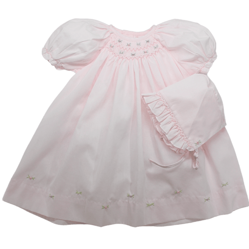 Petit Ami Newborn Girls Pink Smocked Daygown & Bonnet