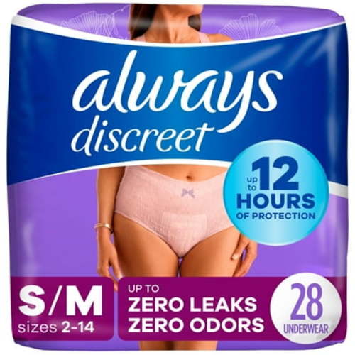 Always Discreet Adult Incontinence Underwear for Women and Postpartum Underwear, S/M, up to 100% Bladder Leak Protection, 28 CT