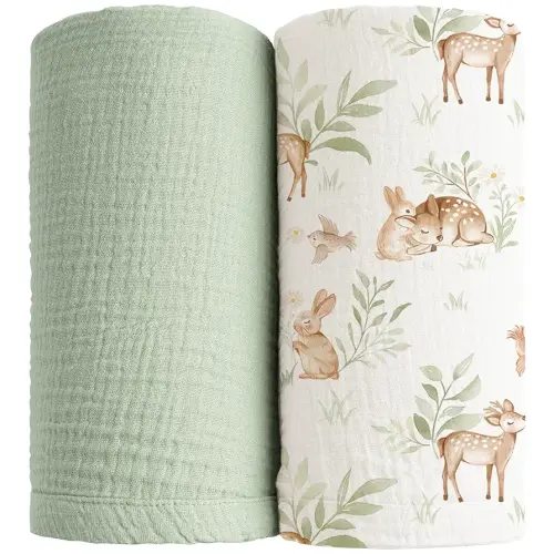 Konssy 2 Pack Muslin Swaddle Blankets, 100% Cotton Receiving Blanket Large 47 x 47 inches for Baby Boys Girls, Soft Breathable Muslin Baby Blanket for Newborn (Woodland,Sage)