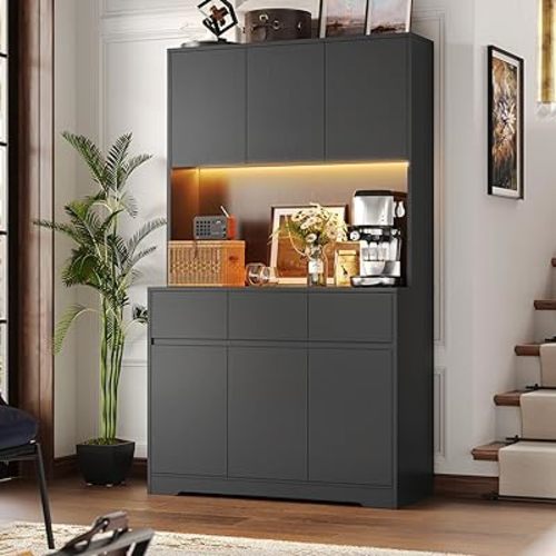 FINETONES 71'' Tall Kitchen Pantry Storage Cabinet with Power Outlets and Led Lights, Large Kitchen Hutch Buffet Cabinet with Microwave Stand, Pantry Cabinet Kitchen Cabinet with Buffet Cupboard