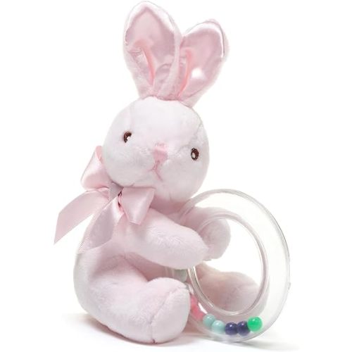 Bearington Baby Cottontail Plush Stuffed Animal Pink Bunny Shaker Toy Ring Rattle, 5.5"