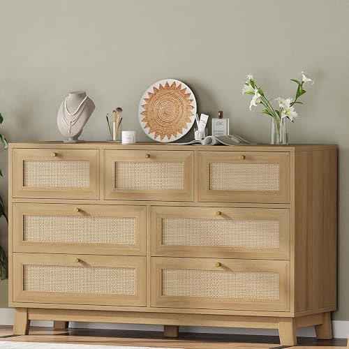AOGLLATI Rattan Dresser for Bedroom with 7 Drawer, Modern Wooden Wide Bedroom Dresser, Chest of Drawers with Metal Handle & Solid Wood Legs for Bedroom/Living Room, Wood