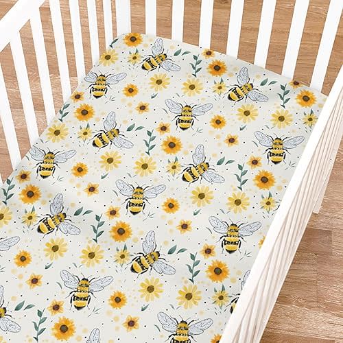 Watercolor Bees Boho Sunflowers Leaves Baby Crib Sheets for Boy and Girl 52"x28" Bees Retro Floral Crib Mattress Sheet Soft Breathable Baby Bed Sheets for Standard Crib and Toddler Mattresses