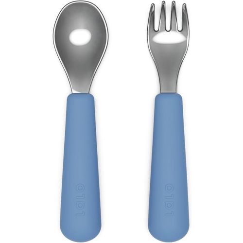 Lalo Utensils - Toddler Fork and Spoon Set - Stainless Steel and Silicone Ergonomic Toddler Utensils - Children Safe Flatware Set - 2 Pieces - Blueberry