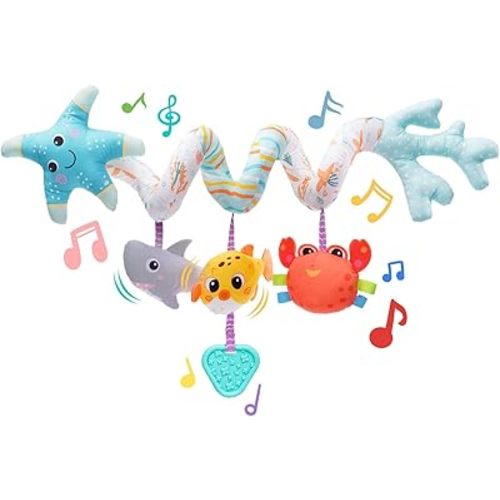 Jollybaby Crib Stroller Car Seat Toys for Baby 0-3-6-9-12 Months, Tummy Time Hanging Sensory Toys for Newborn with Music Box and Teether, Spiral Carseat Toy for Infant Boy Girl Gifts (Blue and White)