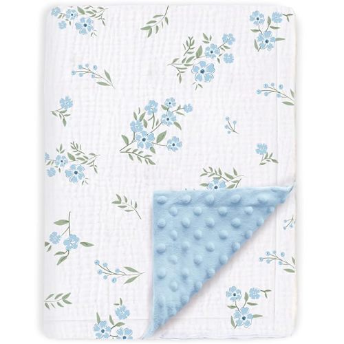 BOPRIO Baby Blankets for Unisex Boys Girls Super Soft Nursery Minky Blankets with Breathable Muslin Cotton Front and 3D Touch Dotted Fleece Backing, Blue Floral Printed Bed Throws Newborn 30 x 40 Inch
