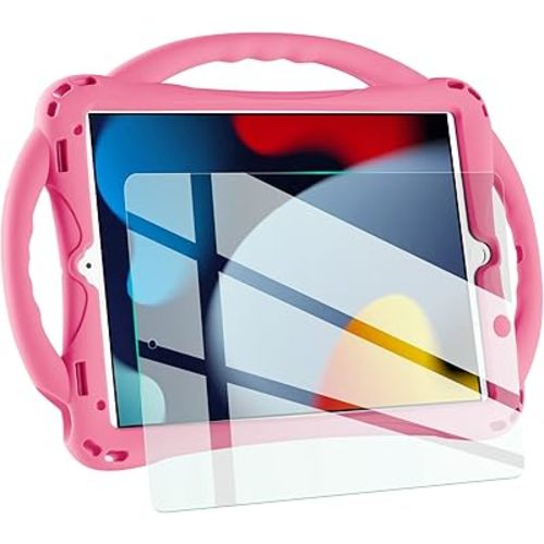 TopEsct Kids Case for iPad 10.2 inch - Shockproof Silicone Cover with Tempered Glass Screen Protector and Strap - Compatible with iPad 9th/8th/7th Gen (2021)" (Pink)