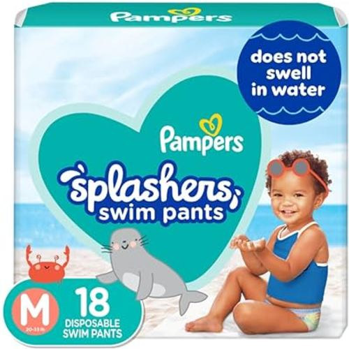Pampers Splashers Swim Diapers - Size M, 18 Count, Gap-Free Disposable Baby Swim Pants