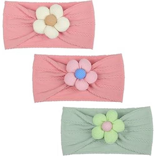 3 Pcs Baby Flower Headbands Baby Girls Nylon Headbands Soft Hairbands Hair Accessories for Newborn Infant Toddler Kids (Rose Pink Green)