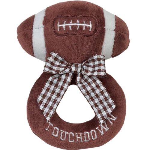 Bearington Collection Baby Touchdown, 5.5 Inch Plush Stuffed Baby Football Soft Ring Rattle