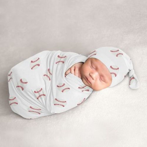 Sweet Jojo Designs Boy Baby Cocoon And Beanie Hat Swaddle Wrap Baseball Patch Red And White 2pc