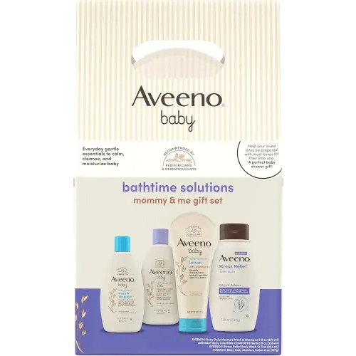 Aveeno Baby Bathtime Solutions Mommy & Me Gift Set, Baby Wash & Shampoo, Calming Bath, Daily Moisturizing Lotion & Stress Relief Body Wash for Mom, Nourishing Oat, Registry Must Haves, 4 items