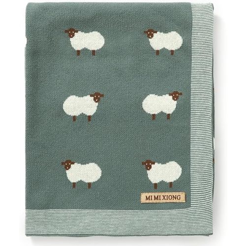 mimixiong Baby Blanket Knit 100% Cotton Toddler Blankets for Boys and Girls with Cute Sheep Size 30 x 40 inches (Dark Green, 30x40 Inch (Pack of 1))