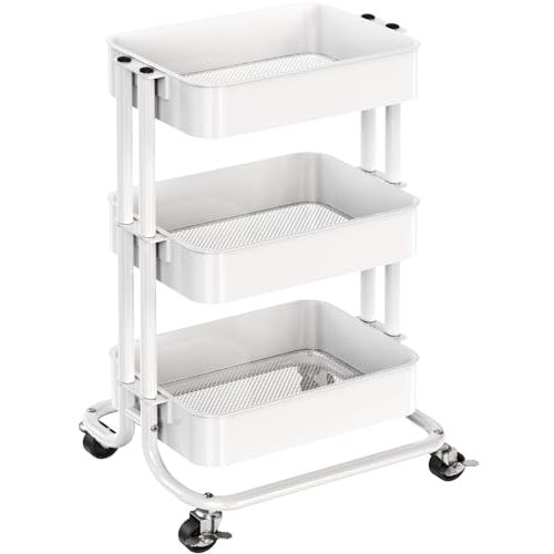 Pipishell 3 Tier Metal Rolling Utility Cart, Heavy-Duty Storage Rolling Cart with 2 Lockable Wheels, Multifunctional Mesh Organization Utility Cart for Kitchen Dining Room Living Room (White)