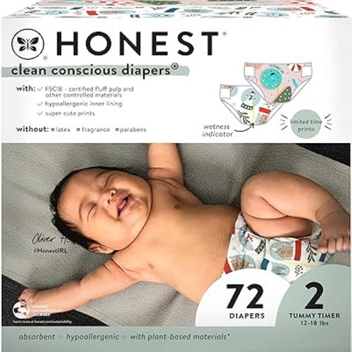 The Honest Company Clean Conscious Diapers | Plant-Based, Sustainable | Winter '24 Limited Edition Prints | Club Box, Size 2 (12-18 lbs), 72 Count
