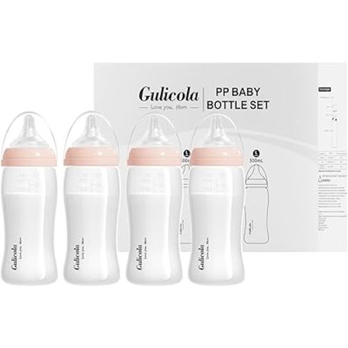 PP Baby Bottles for Breastfed Babies, Fast Flow Nipples (L), 6 Months Plus, Wide Neck, BPA Free, 10 oz & 4 Pack - Pink