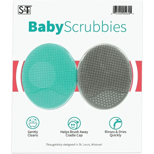 S&T INC. Exfoliating and Massaging Cradle Cap Bath Brushes for Baby, Silicone - 2 Inch x 2.5 Inch, Grey and Teal, 2 Pack