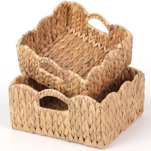 Scalloped Baskets (Natural-Set of 2) Basket Living Room Organizer, Water Hyacinth Basket, Basket For Decor, Woven Basket for Bathroom, Bedroom,...Hyacinth Storage Basket with Built-in Handles