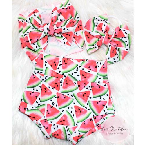 Watermelon High Waisted Bummie and Bow/Watermelon Bummies Baby Girl/Sweet One Birthday/Smash Cake Outfit