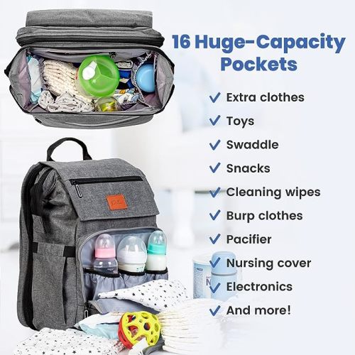 PILLANI Baby Diaper Bag Backpack - Baby Bag for Boys & Girls, Diaper Backpack - Large Travel Diaper Bags w/Changing Pad - Baby Registry Search & Shower Gifts Newborn Essentials & Items for Mom, Gray - Classic - Grey_classic