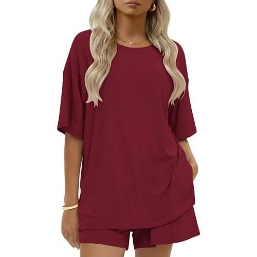 Ekouaer Womens 100% Cotton 2 Pieces Short Sets Summer Short Sleeve Outfits Casual Matching Lounge Set with Pockets