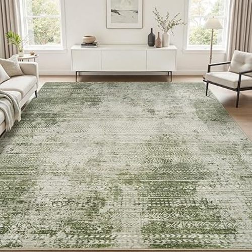 5x7 Area Rugs for Living Room Non Slip Machine Washable Rug Distressed Abstract Soft Indoor Carpet Neutral Boho Rug for Bedroom Dining Room Playroom Office, Green