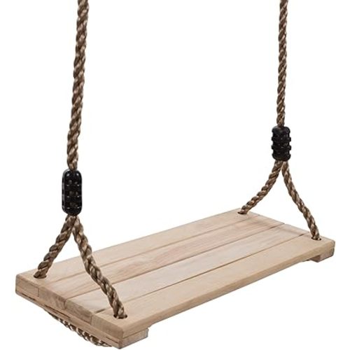 Hey! Play! Wooden Swing, Outdoor Flat Bench Seat with Adjustable Nylon Hanging Rope for Kids Playset Frame or Tree, Backyard Swinging Toy, Brown, 80-SA-062
