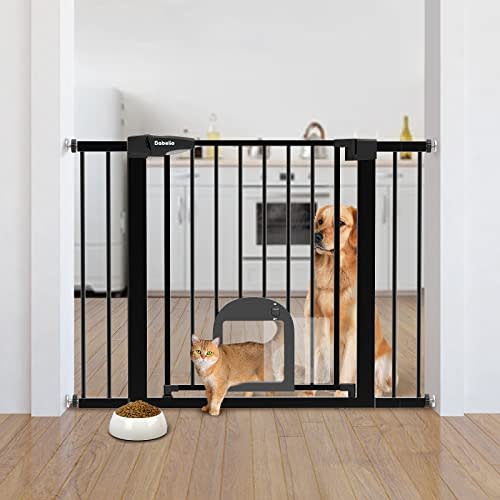Babelio Upgraded Baby Gate with Cat Door, 29-43" Auto Close Durable Dog Gate for Stairs, Doorways and House, Easy Walk Thru Safety Gate with Pet Door includes 4 Wall Cups, Black