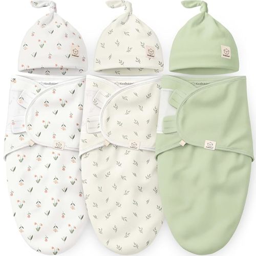 KeaBabies 3-Pack Organic Swaddles for Newborns Girls, Boys with Hats - Soft Cotton Baby Sleep Sacks 0-3 Months, Breathable Baby Hats and Swaddles 0-3 Months, Newborn Essentials Must Haves (Fleur)