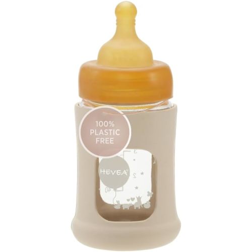 HEVEA Plastic-Free Wide Neck Glass Baby Bottle with Sand Sleeve - Slow Flow Anti Colic Baby Bottles Newborn 0+ Months - BPA-Free, Single-Pack (5 Oz)