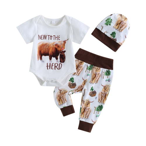 Newborn Baby Boy Summer Clothes 3M 6M 12M 18M New to The Herd Onesie Cow Print Pants 3Pcs Country Cowboy Coming Home Outfit