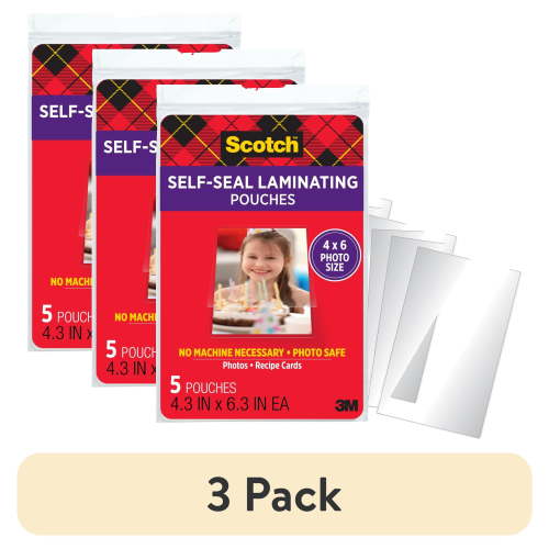 (3 pack) Scotch Self-Sealing Laminating Pouches 4.3 in x 6.3 in, Gloss Finish, 5 Pouches