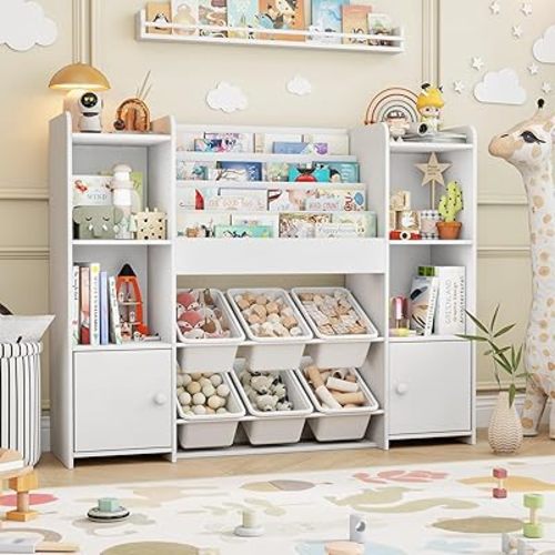 PTINFLUCE Toy Storage Organizer and Kids Bookshelf with 6 Toy Bins, Wooden Toy Organizers and Storage with 6 Cabinets for Living Room, Kids Room, Playroom, Nursery and Kindergarten