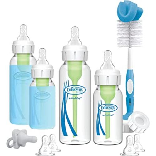 Dr. Brown’s Natural Flow® Anti-Colic Options+™ Narrow Glass Baby Bottle Starter Set with Silicone Glass Bottle Sleeves, Baby Bottle Brush and Soft 100% Silicone HappyPaci™ Pacifier for Newborns