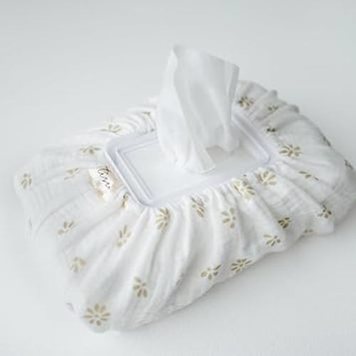 Baby Wipes Cover – Universal Size, One Size Fits All Wipes Packages | Muslin Cotton Tissue Cover for Nursery, Diaper Bag & Changing Table, Station | Gingham & Neutral Patterns (Cream Daisy)