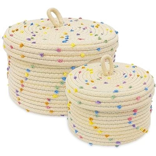 Round Storage Baskets with Lids,Small Storage Baskets Set of 2,Cotton Rope Woven Storage Basket,Small Decorative Basket, Colorful Rainbow Pompom, Cute Storage Bins, Box for storage