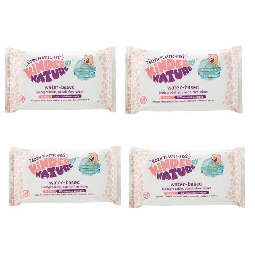 Kinder by Nature Water-Based Baby Wipes - 100% Biodegradable & Compostable, 224 Count (4 Packs of 56) - 99% Water, Plastic-Free Wipes