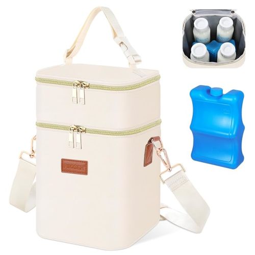PIIOSER Baby Bottle Tote Bag with Ice Pack, Fits 4 Baby Bottles Up to 9 Ounce, Small Insulated Breastmilk Cooler Travel Bag with Shoulder Strap for Nursing & Working Mom Daycare (Cream-S)