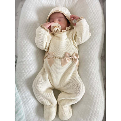 Double Bow Cable Knit Suspenders Style With Ruffle Collar Baby Knitted Romper in Ivory