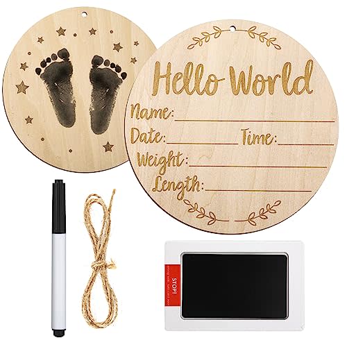 Wooden Baby Announcement Sign, 5.9 Inch Hello World Newborn Birth Sign With Ink Pad Markers for Nursery Name, Birthday, Baby Showers, Photo Props