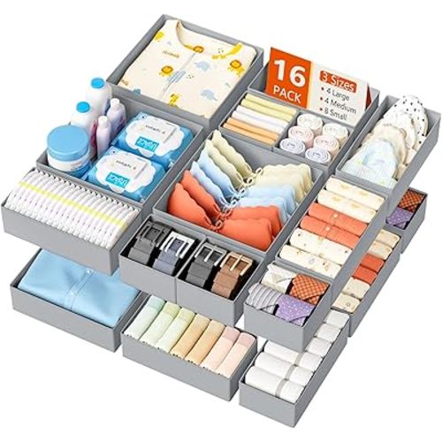 DIMJ Drawer Organizer Clothes - 16 Pack Baby Dresser Organizer for Nursery, Foldable Drawer Organizer Bins for Closet Bedroom Organization, Fabric Clothes Storage Dividers for Underwears, Socks, Bras