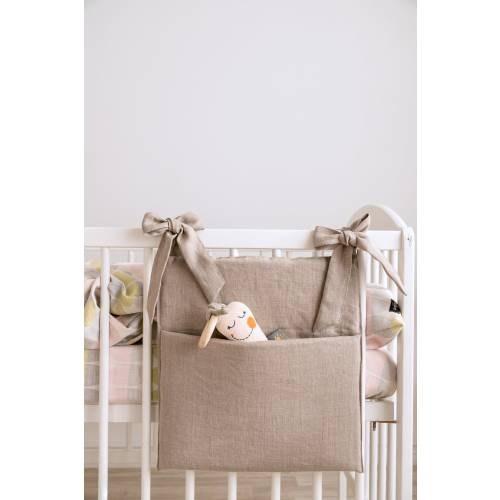 Natural linen nursery crib organizer, diaper bag, toy pocket