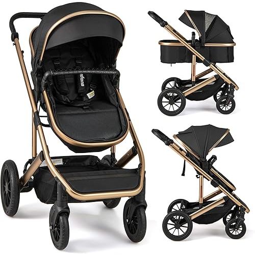 INFANS 2 in 1 Baby Stroller, Folding Newborn Pram Convertible Stroller Bassinet for Infant Foldable High Landscape Shock Absorption with Reversible Seat Aluminum Structure for Pushchair