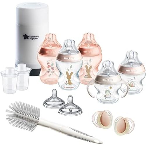Tommee Tippee Natural Start Ready for Baby BPA Free Bottle 14 Piece Set, 2 x 5oz and 3 x 9oz Anti-Colic Bottles, Slow and Medium Flow Nipples, 0-6 Month Pacifiers, Pink