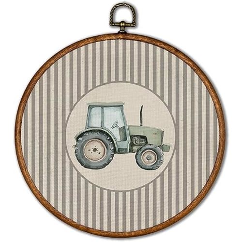 KSDUT Vintage Tractor Wall Art Decor - Retro Sports Trendy Wall Art Canvas Frame Hanging Prints, Nursery Sports Gallery Round Artwork Decor for Home Kids Boys Room Decorations 10"x10"