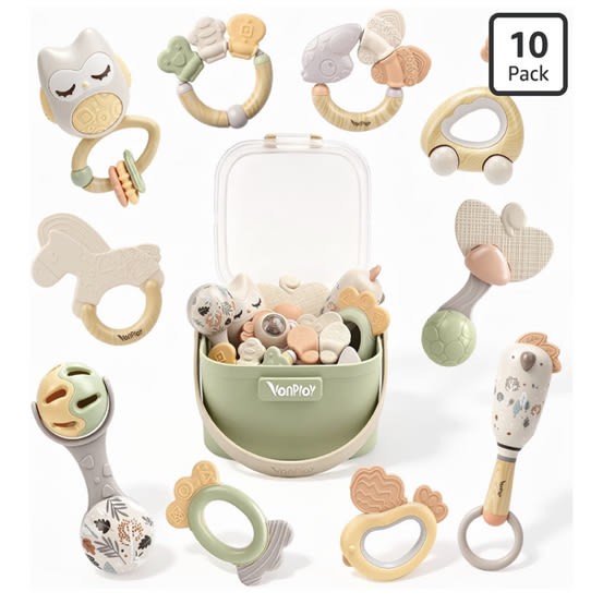 Amazon.com: Baby Rattles, Baby Toys 0-6 Months, Teething Toys 3-6 Months, 10-Pack | Newborn Toys with Storage Box, Infant Toys 0-6 Months for Grasping, Neutral Baby Shower Gift for Boy Girl