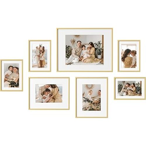 eletecpro Aluminum Gallery Wall Frame Set of 7, Including 1Pc 11x14, 2Pcs 8x10, 4Pcs 5x7 Photo Frames for Wall or Tabletop Display, Multiple Sizes Picture Frames Collage Wall Decor, Gold